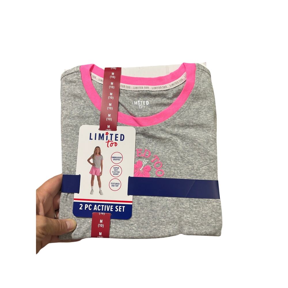 Limited Too 10 grey t w/embroidered hibiscus with pink flutter shorts nwt